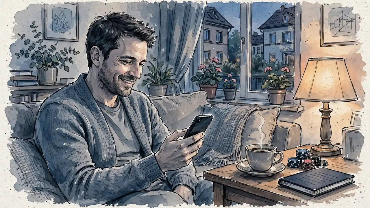 Spieler zu Hause mit Smartphone und Casino-Chips auf dem Tisch