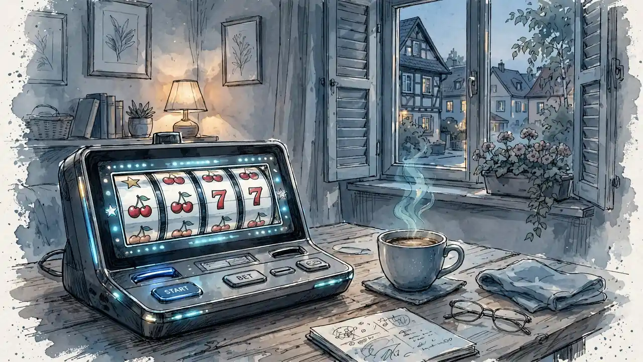 Beleuchteter Spielautomat in gemütlicher Abendstimmung mit Kaffeetasse