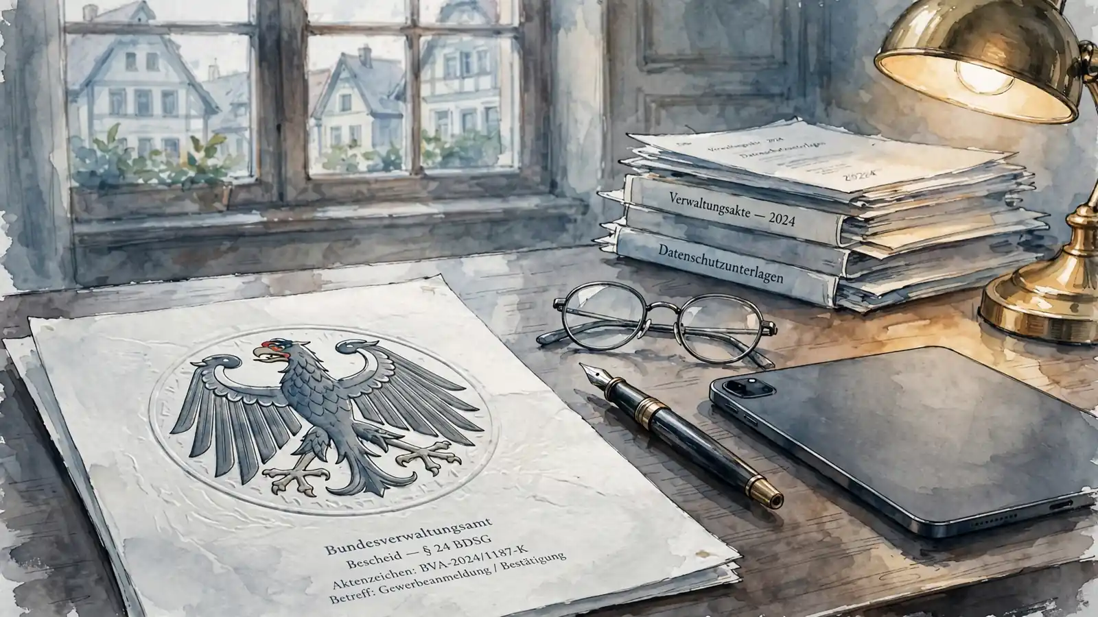 Bundesadler auf Lizenzdokument mit Füller auf Schreibtisch