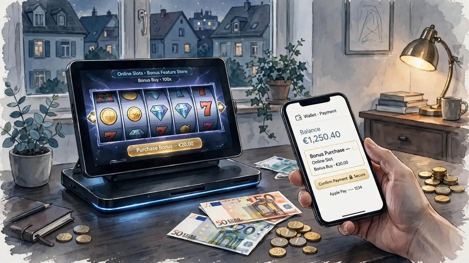 Online-Slot auf Schreibtisch mit Smartphone, Geldscheinen und Münzen bei warmem Licht