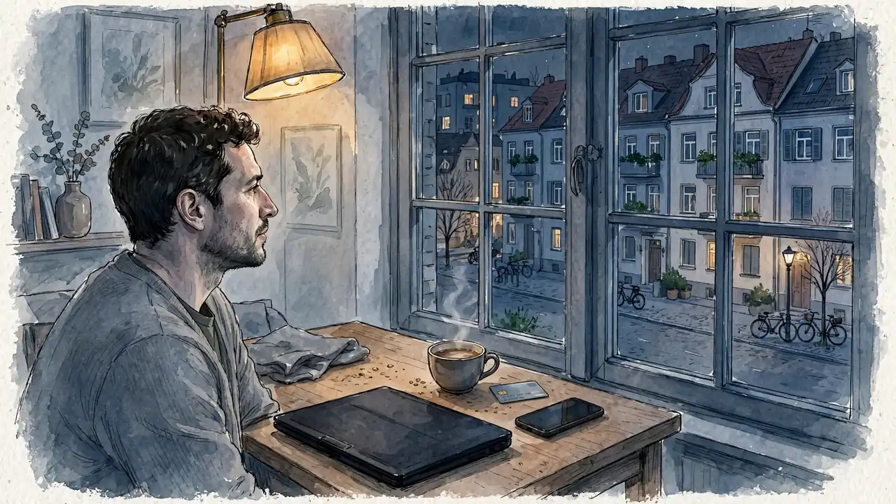 Abendliche Szene in einer deutschen Wohnung mit zugeklapptem Laptop und Smartphone auf dem Tisch.