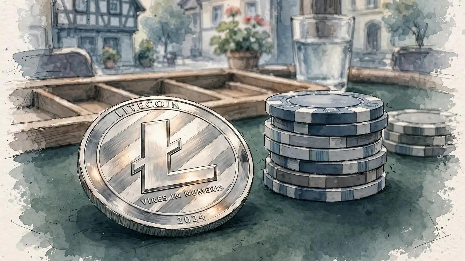 Silberne Litecoin-Münze neben Casino-Jetons auf grünem Filz-Tisch.