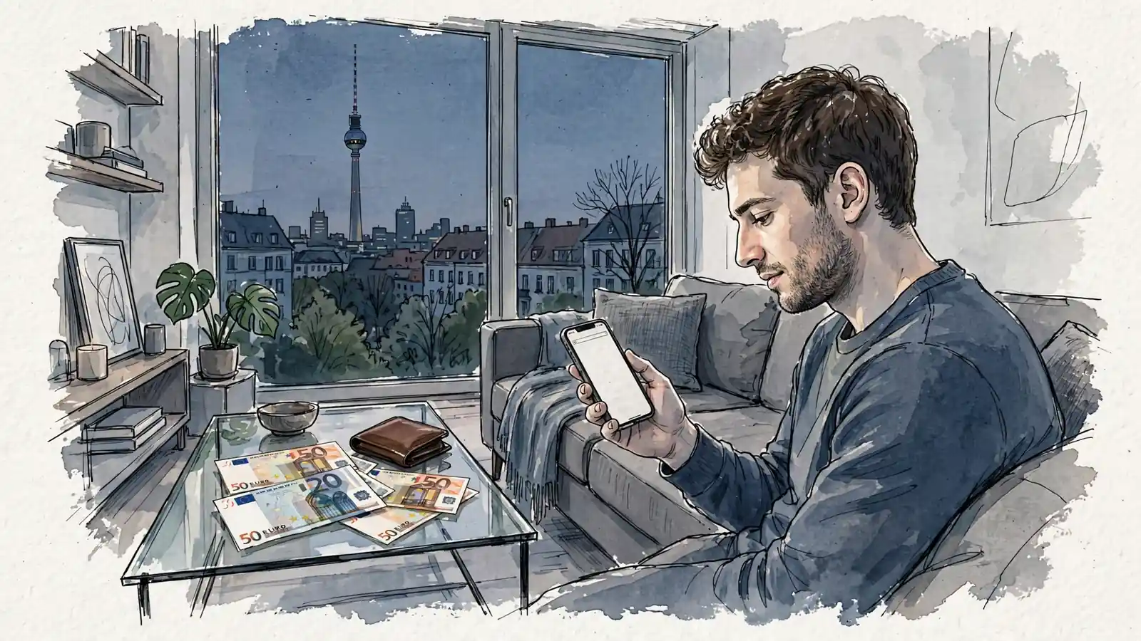 Mann mit Smartphone und Euro-Geldscheinen auf dem Sofa