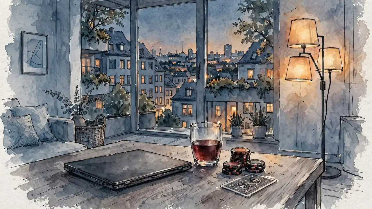 Abendliche Szene in moderner deutscher Wohnung mit Laptop, Spielchips und Weinglas