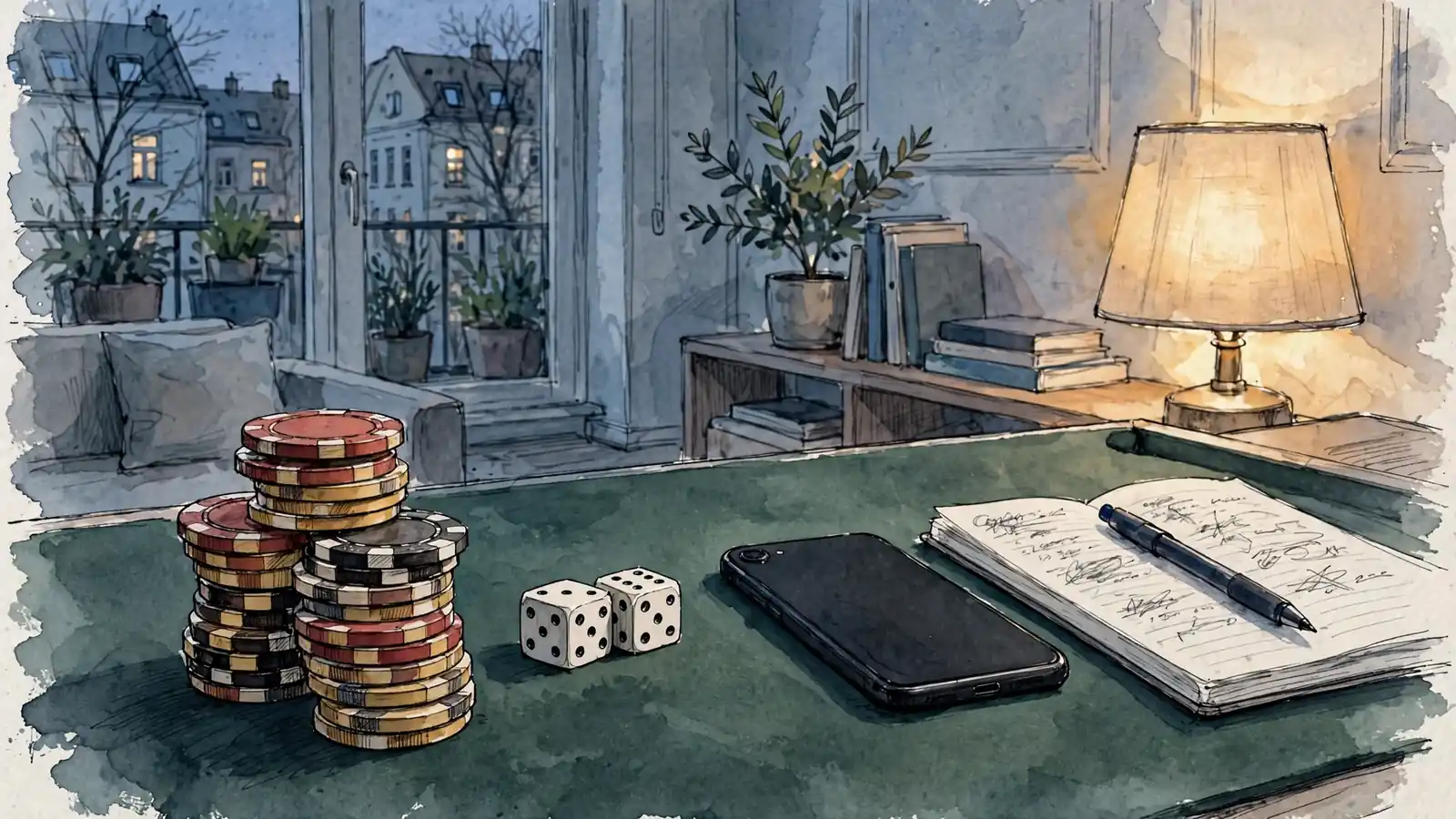 Casino-Chips und Würfel auf grünem Filz mit Smartphone und Notizbuch in modernem Wohnzimmer