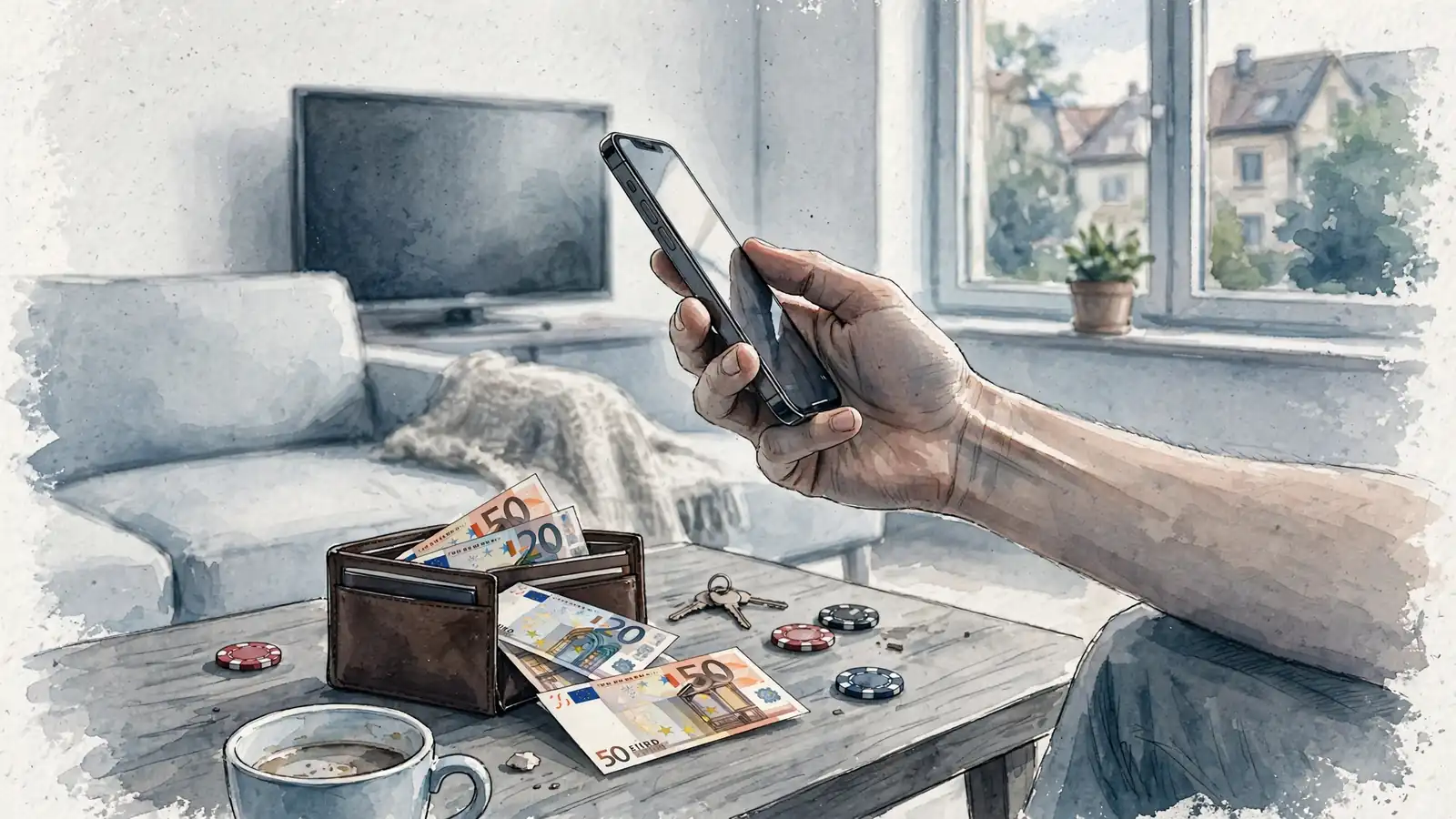 Hand hält Smartphone neben Euro-Geldbörse und Casino-Chips auf Wohnzimmertisch.